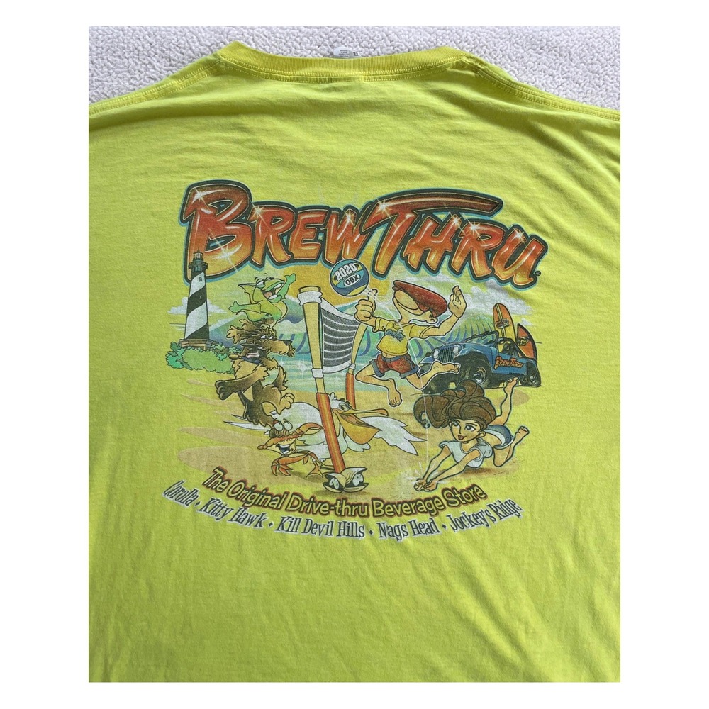 Mens Extra Large T-Shirt Neon Yellow Brew Thru OBX 2020 Outer Banks NC Graphic